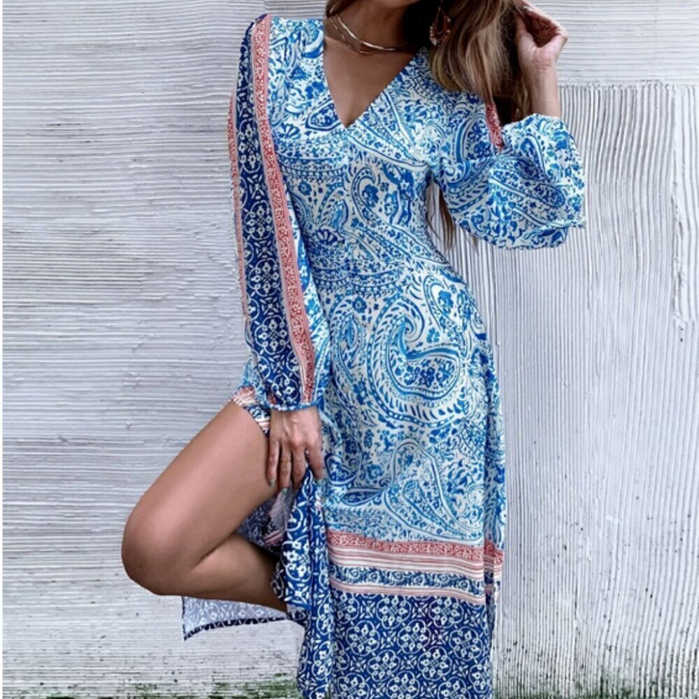ZARA Mosaic Floral Linen Dress Small Boho Coastal Breezy Euro Summer Beach